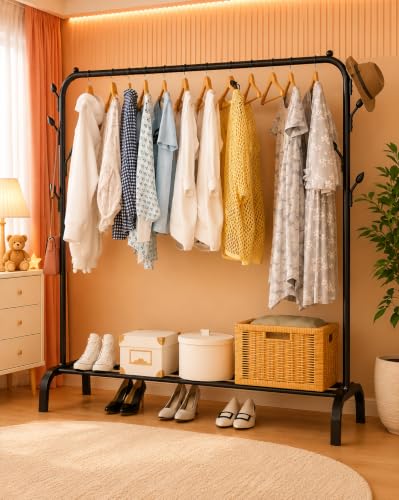 SNKR ESSENTIALS Heavy Duty Clothes Drying Stand for Clothes – Double Rod Cloth Drying Stand Metal with Wheels & Side Hooks | Foldable Clothes Rack Kapde Stand for Balcony,Bedroom,Home