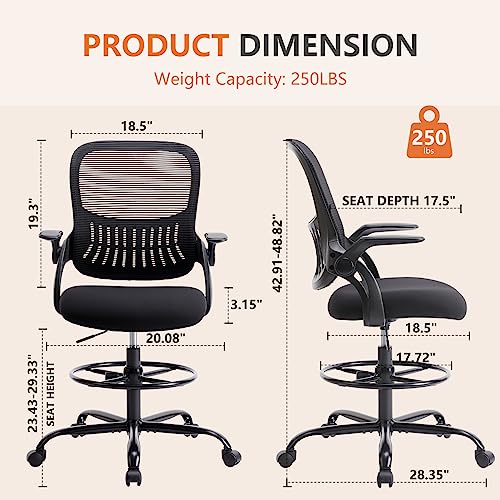 Sweetcrispy Tall Drafting Desk Chair - Ergonomic High Stool Computer with Adjustable Height and Comfy Lumbar Support, Office Rolling Counter with Flip-up Arm and Footrest, Black by Sweetcrispy - Image 2