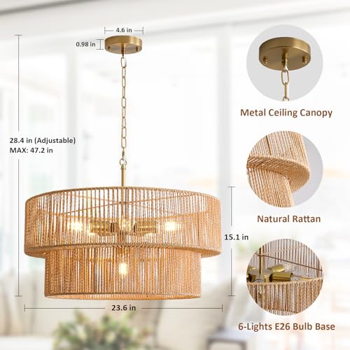 6-Light Rattan Chandelier for Dining Room, 23.6" Boho Pendant Hanging Light by SupMaka - Used condition - Image 2