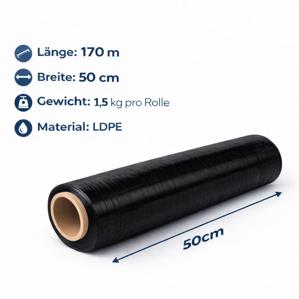 Stretchfolie 1,5kg - 6 Rollen - 170 m x 50 cm - 23 my - Schwarz – Extra Stark & Reißfest – Palettenfolie Wickelfolie für Umzug - Lager & Verpackung - Strechfolienrolle