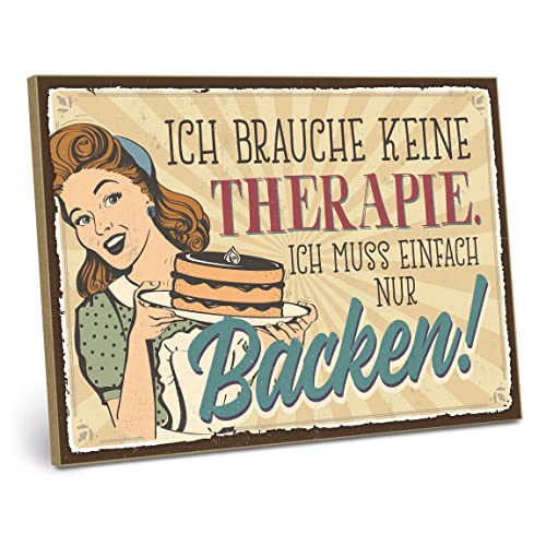 ARTFAVES® Wandbild Holzschild mit Spruch - Ich brauche keine Therapie - BACKEN - Türschild Retro Vintage Deko Bild Geschenk - Hausfrau, Backen, witzige Sprüche, Muttertag