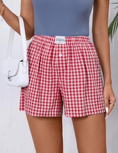 LOMON Womens Boxer Shorts Casual Summer Cotton Pajama Lounge Sleep Pj Gingham Plaid Shorts Y2K Beach Bottoms2