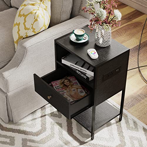 Ldttcuk Nightstand Set Of 2 With Charging Station, Modern End Table With Drawer, Bedside Table With Open Storage For Bedroom,Black #TOP5