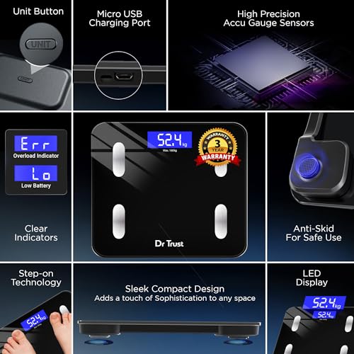 Image of Dr Trust USA 509 Digital BMI Weight Scale with Body Fat Analyzer and Fitness Body Composition Monitor Rechargeable Electronic Weight Machine & Weighing Scale with Mobile App, Bluetooth (Black)