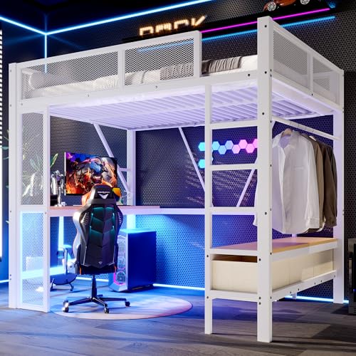 Yihomfy Lit Mezzanine 140x200 cm, Lit Superposé avec Port USB, Eclairage LED, Bureau, Armoire Ouverte et 3 Tiroirs à Linge, Lit Hauteur Enfant, Métal, Gain...