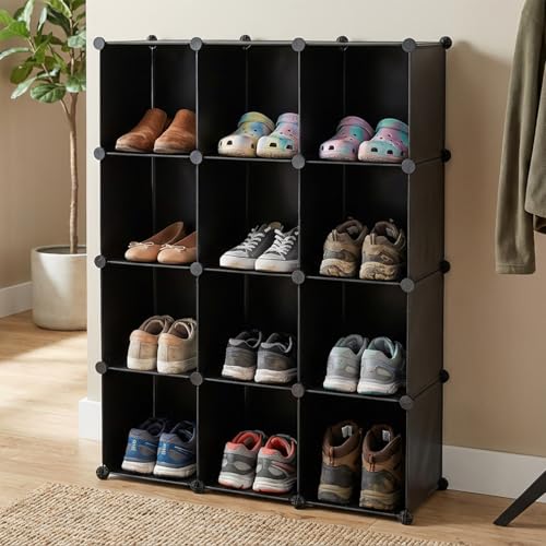 amazon basics 12-Cube Storage Organizer with Clear Front Doors | 95.5 × 32 × 126 cm | Black | PP + Iron | Stackable, Dustproof & Easy Assembly