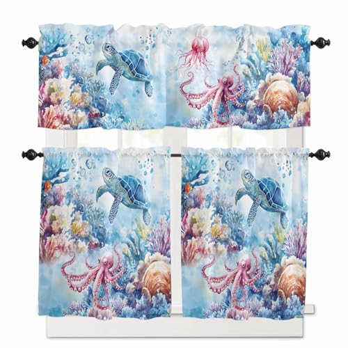 Sea Turtle Octopus Kitchen Curtains 24 Inch Length,3 Piece Rod Pocket Small Half Tiers and Valance Set,Coastal Coral Summer Ocean Watercolor Small Large Window Treatment Decor for Bedroom/Bathroom