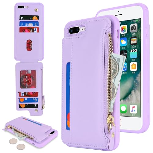 Cavor for iPhone 8 Plus Case with Card Holder,for iPhone 7 Plus Wallet Case for Women Men,Leather Magnetic Clasp Zipper Pocket Protective Phone Cover-Purple