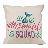 HGOD DESIGNS Mermaid Tail Pillow Cover,Summer Hand Drawn Inspiration Quote Mermaid Squad Cotton Line