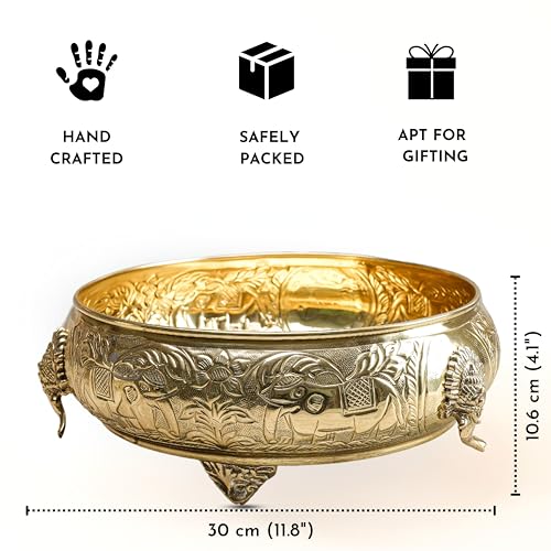 Image of BEHOMA Ethnic Elephant Carved Brass Urli Bowl, 12 inch | Ethnic elephant-carved brass urli bowl, 12 inch; golden centerpiece for Diwali, Navratri & Durga Puja.