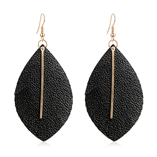 Handmade Bohemian Lightweight Soft Leather Leaf Dangle Drop Earrings Minimalist Fashion Fringe Chain Feather Hook Earrings for Women Girls