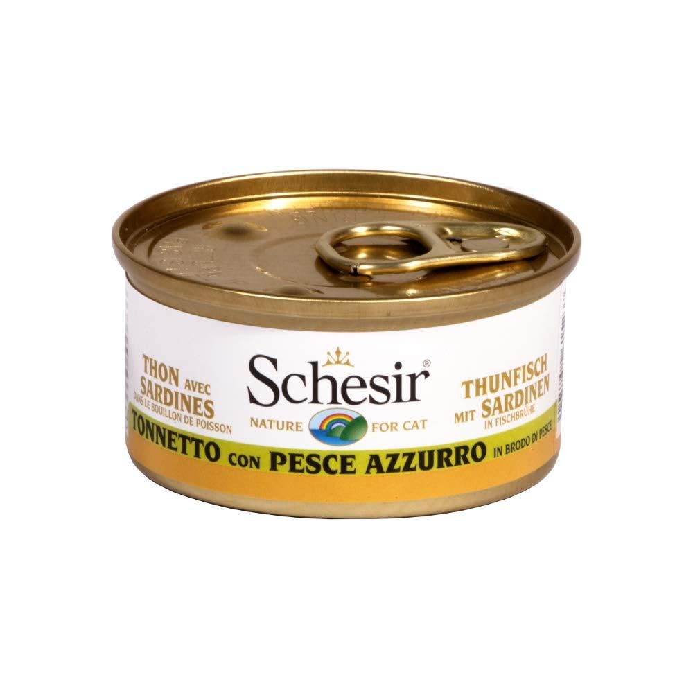 Schesir, Cibo Umido per Gatti Adulti Tonno e Pesce Azzurro, in Brodo - (24 Lattine da 70g)