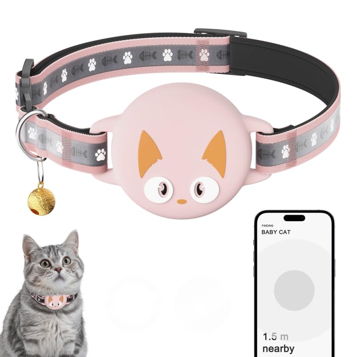 Airtag Cats Collar Breakaway,Reflective Cat Collars AirTag Holder with Bell, Cats Tracker Collars for Girl & Boy, Lightweight AirTag Cat Collar for Kitties (Pink, 9 -13")