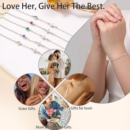 Cross Bracelet with Birthstone Dainty Gold Bracelets for Women Birthday Gift Christian Gifts for Her Religious Faith Baptism Confirmation Gifts for Teen Girls Christmas Jewelry for Sister Daughter Granddaughter Girlfriend