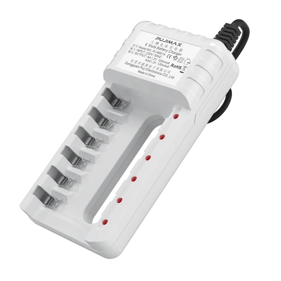 PUJIMAX Rechargeable Battery Charger USB Output 6 Slots Fast Charging Short Circuit Protection Suitable for AAA/AA Battery Tools