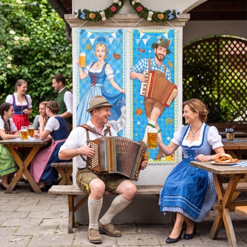 Image of Panelee 4 Pcs Oktoberfest Party Decorations Oktoberfest Prosit Couple Porch Banners Bavarian Hanging Banner Backdrop for German Theme Beer Festival Indoor Outdoor Wall Hanging Decor
