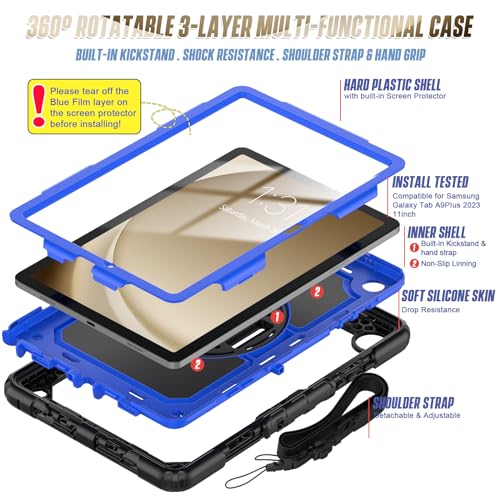 Sibeitu Case for Samsung Galaxy Tab A9 Plus 2023 with Screen Protector Pencil Holder, Galaxy Tab A9+ Plus Case 11 Inch SM-X210/X216/X218 Heavy Duty Shockproof w/ 360 Stand Hand Shoulder Strap | Blue