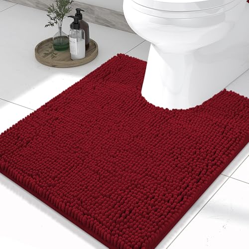 Smiry Luxury Chenille Toilet Rugs U-Shaped 24x20, Soft Absorbent Non-Slip Contour Bathroom Rugs for Toilet, Machine Washable Contoured Bath Mats, Red