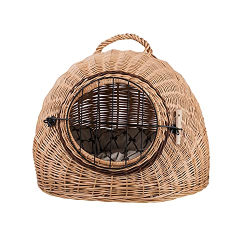 e-wicker24 Wicker Pet Carrier Bag with Soft Pillow Cat Igloo Bed Cat Box Carrier Puppy Crate Portable House Pet Travel Bed with Metal Frame Small Animal Carrier Pet Cage with Handle