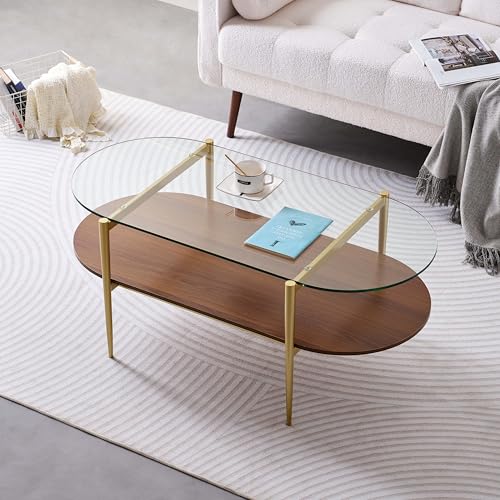 LumFurn Oval Glass Coffee Table, Mid-Century Modern Design, L41 x W21 x H17 inch, for Living Room, 2-Tier Structure, Clear Glass Top and Walnut Finish Wood Shelf, Conical Legs with Gold Finish Frame