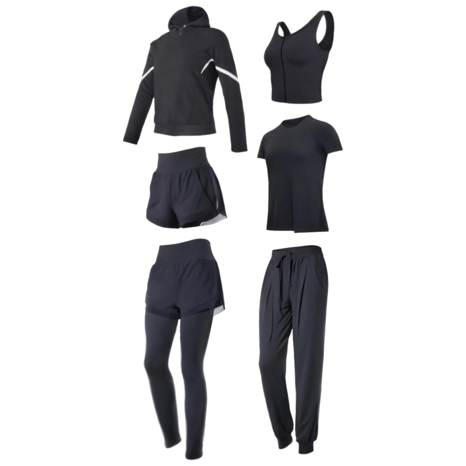 Generisch Workout-Set für Damen, 6-teiliges Sportbekleidungsset in Lila, mit Hoodie, Tanktop, T-Shirt, Shorts, Hose und Leggings, Polyester-Spandex-Mix, atmungsaktiv, Größen S bis XXL