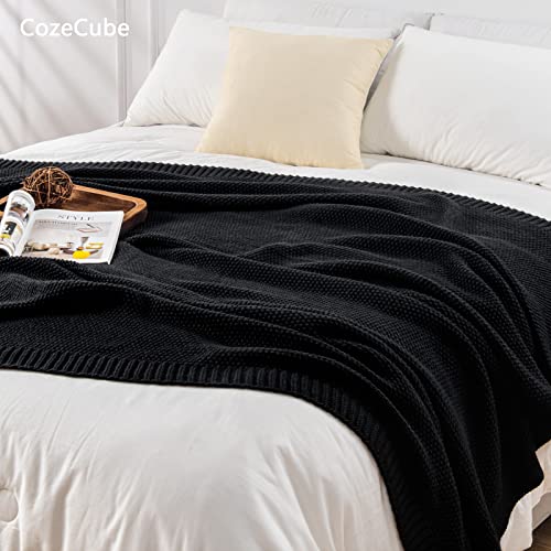CozeCube Black Throw Blanket for Couch, Soft Cozy Cable Knit Throw for Bed Sofa Living Room, Lightweight Warm Decorative Farmhouse Christmas Blanket, 50"x60", Jet Black