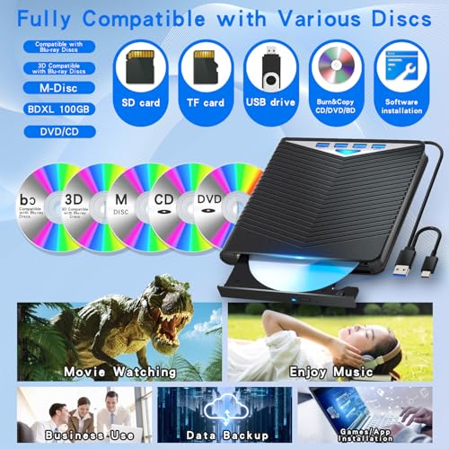 Image of Dainty 7-in-1External Blu ray Drive Read /Write with Bluray Burner USB 3.0 /Type-C Compatible with /Windows7-11 Mac OS Support for BD /DVD Drive, Windows 7-11 & Mac /PC M-DISC(Black)