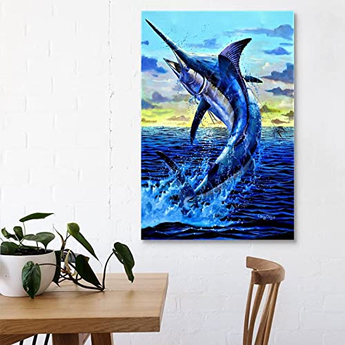 Buutuuce Ocean Jumping Blue Marlin Fishing Poster Decorative Painting Canvas Wall Art Living Room Posters Bedroom Painting 16X24Inch(40X60Cm) #TOP2