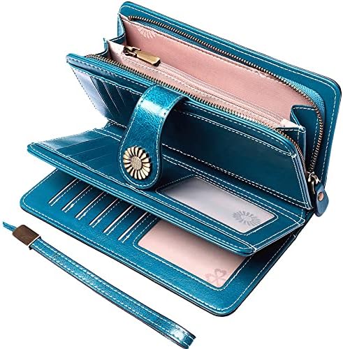 UMODE Large Capacity RFID Blocking Genuine Leather Wallets for Women with Wristlet Trifold Ladies Billfold with Zipper