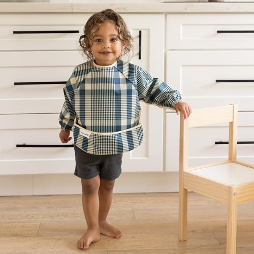 Image of Tiny Twinkle Long Sleeve Bib for Babies & Toddlers | Waterproof Smock Bib for Eating | Machine Washable & Mess-Proof Feeding Essentials | Newborn Shower Gift (Gingham, Small 6-24 Months)