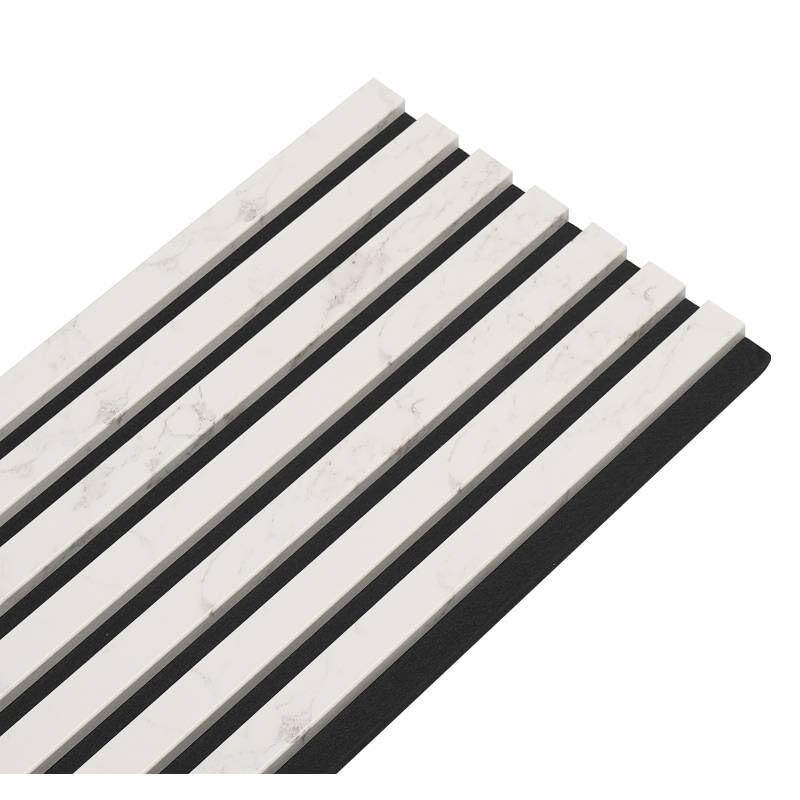 Panneau Mural Acoustique tasseaux Bois 250 x 30 x 1,9 cm - décor marbre Blanc/Feutrine Noir - 0,75m²