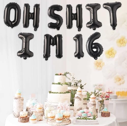Image of Oh I'm 16! Latex Balloons 16 Inch Black Hallo Sixteen Cheers to 16 Years Old Theme Decor for Man Woman Happy 16 Birthday Party Photo Studio Prop Flag Decorations Favors Supplies