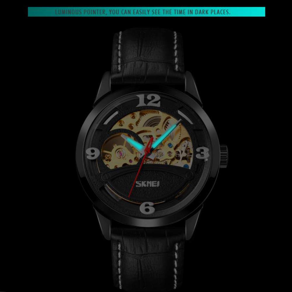 MASTOP Herren-Armbanduhr, automatisch, mechanisch, Skelett-Zifferblatt, wasserdicht, leuchtende Zeiger, Leder, analoge Armbanduhr