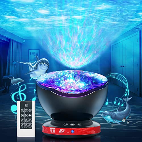 Lampe Projecteur LED Simulation des Vagues Océan, Veilleuse Enfant avec 8 Modes de Couleurs 6 Sons de Musique Télécommande Minuterie Lampe de Chevet pour Decoration Chambre Bébé, Enfant et Adulte