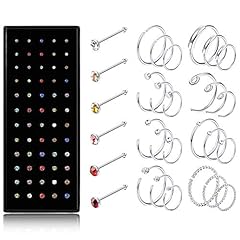 60 Pcs Colorful-CZ Straight Studs + 24 Pcs Nose Hoops