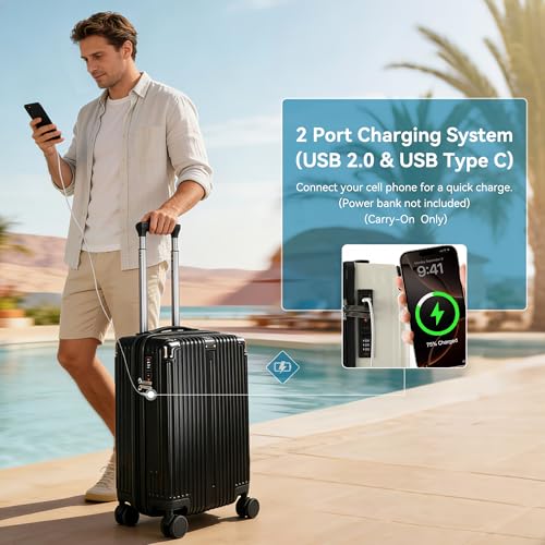 Image of 20 Inch Carry On Luggage with Spinner Wheels,PC Expandable Hard Shell Suitcase with USB Port,Lightweight Travel Luggage Airline Approved for Men Women (Black)