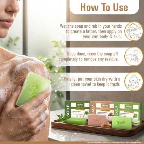 Image of Multani Natural Assorted Soap - 125 gm (Pack of 3) | Neem Tulsi + Sandalwood + Aloe Vera Soaps | For Tan Removal and Skin Brightening |Ayurvedic Handmade Bath Bar | For All Skin Types | Soap Bar For Men & Women