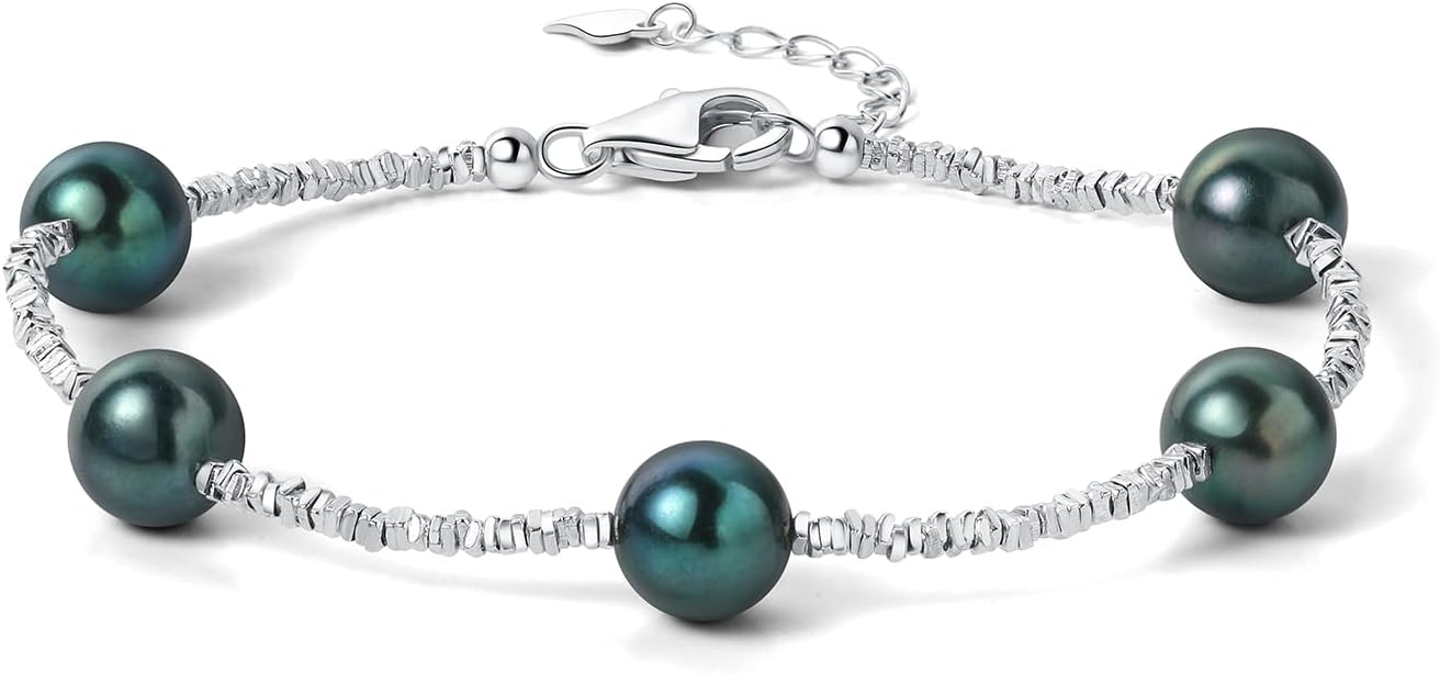 925 Sterling Silver Beaded White/Black Pearl Bracelets For Women 7-9IN Adjustable 7-9mm Natural Cultured Real Baroque/Round Pearl