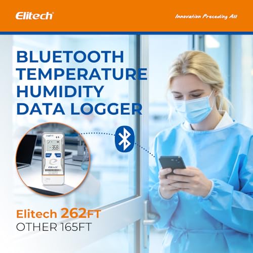 Image of Elitech Bluetooth Temperature Data Logger FDA Standards, with External Probe Shadow Data 32000 Points, Auto PDF /CSV Report, for Windows /MacOS, Refrigerator Thermometer LogEt5B-TE, Blue