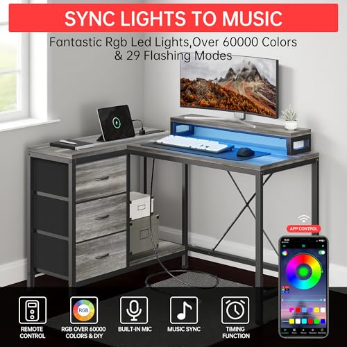 Image of Hetoy L-Shaped Computer Desk with Charging Station - Corner Gaming Desk with LED Lights, Drawers & Storage Shelves for Home Office Use, Oak