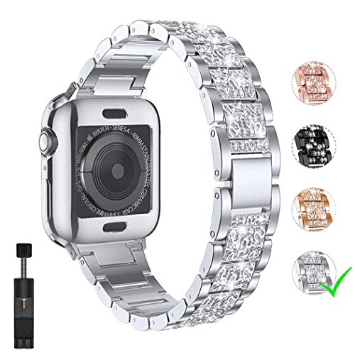 Watch Bands Compatible with Apple Watch Band 38mm 40mm iwatch SE Series 6 5 4 3 2 1,Women Diamond Rhinestone Stainless Steel Metal Wristband Strap (Silver)