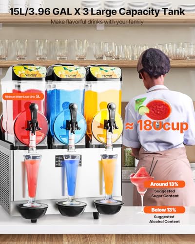 Image of VEVOR Commercial Slushie Machine 15Lx3 Triple Tank Margarita Drink 180 Cups | For Party Restaurants Cafe Bars, Smoothie Frozen Drink Maker with Automatic Cleaning & Independent Control, Stainless Steel
