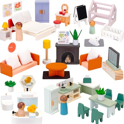 PairPear Wooden Dollhouse Furniture Set,56 Pieces Doll Furnitures with 5