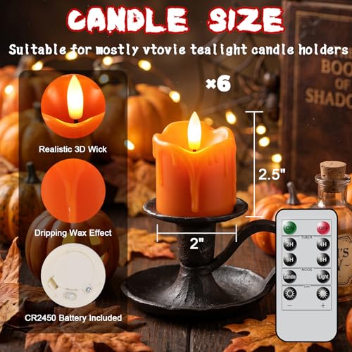 Image of Orange Flameless Votive Candles Battery Operated with Remote Timer | 400 Hours Long Lasting Battery Included, LED Tealights Flickering Dripping Wax, Halloween Indoor Decor, 2 inchD x 2.5 inchH, 6 Pack