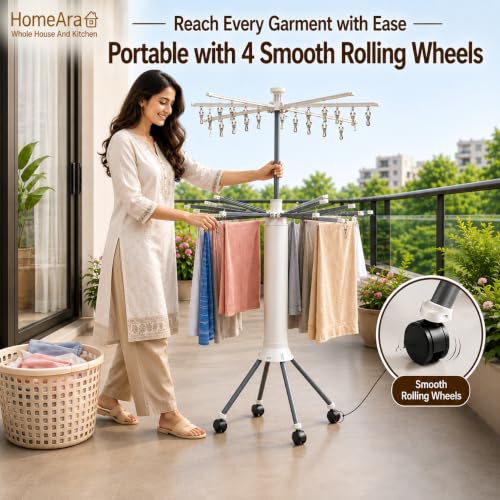 Image of 360 Rotating Clothes Drying Stand with 16 Aluminum Drying Rods & 20 Stainless Steel Clips | Foldable Indoor Outdoor Laundry Drying Rack | 4 Wheels | Compact Space Saving Cloth Dryer Stand