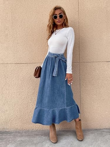 utcoco Womens Denim Skirt Flowy Ruffle Hem Elastic High Waist Maxi Jean Skirts with Belt3