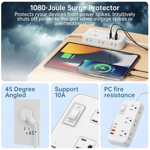 Extensión eléctrica estándar US con 6 tomas, puertos Tipo C y USB, cable de 1.5 m, estación de carga inteligente portátil para hogar y oficina, blanco miniatura 3