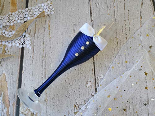 Abbie Home Bride And Groom Wedding Champagne Flute Set With Silk Bow Tie And Rhinestone Décor, Wedding Day Décor Mr Mrs Wine Glasses Wedding Gift Toasting Glasses Set For Couples (Navy Glass Set) #TOP2