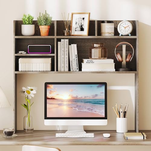 Image of Tangkula Desktop Bookshelf for Computer Up to 32 inch, 37 inch Countertop Storage Hutch with 6 Storage Shelves, 3-Tier Desktop Organizer Display Rack, Wooden Desk Hutch for Dorm Home Office (Grey,6 Shelves)
