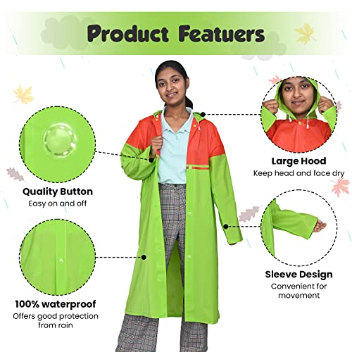 Image of HACER Aqua Raincoat for 13 to 14 Years Old Kids Children Waterproof Rainsuit Adjustable Hood Drawstring Hem Rainwear with Side Pockets (42, Random Colour)